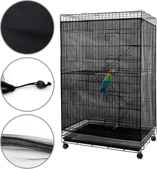 Black nylon mesh bird cage net cover close up on elastic drawstrings