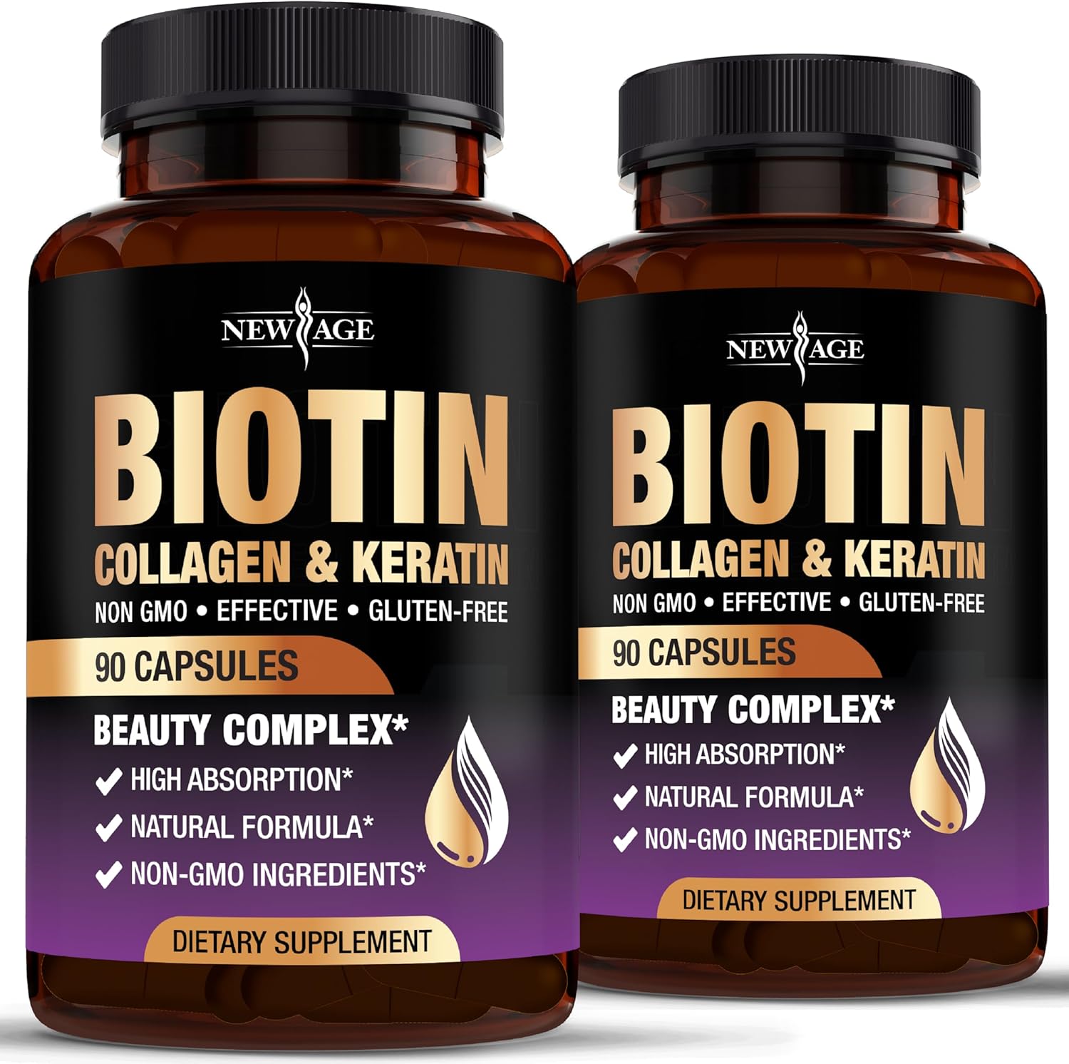 NEW AGE Biotin Collagen Keratin Hyaluronic Acid 90 capsules bottle front view showing product labels