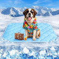QOKO extra large dog cooling mat in cryo ice blue front view on living room floor.