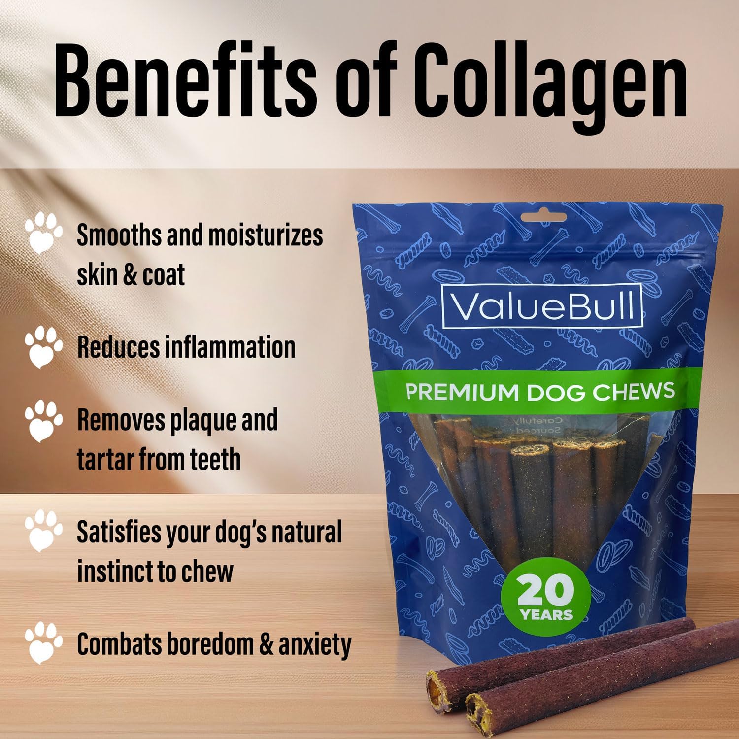 ValueBull long lasting single ingredient dog chew sticks stacked neatly