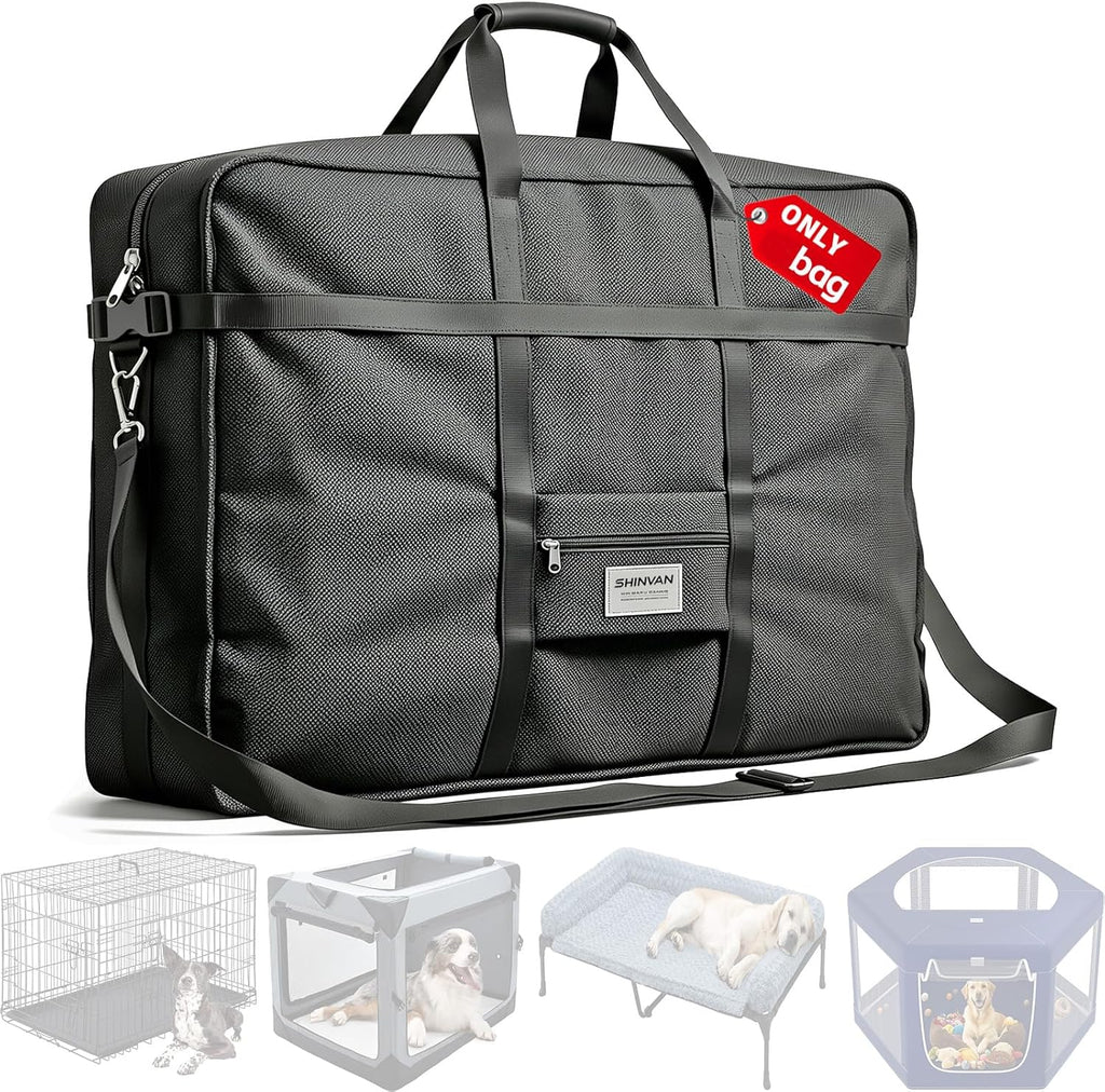 Shinvan heavy duty dog crate storage bag front view showing front pocket and reinforced handles.