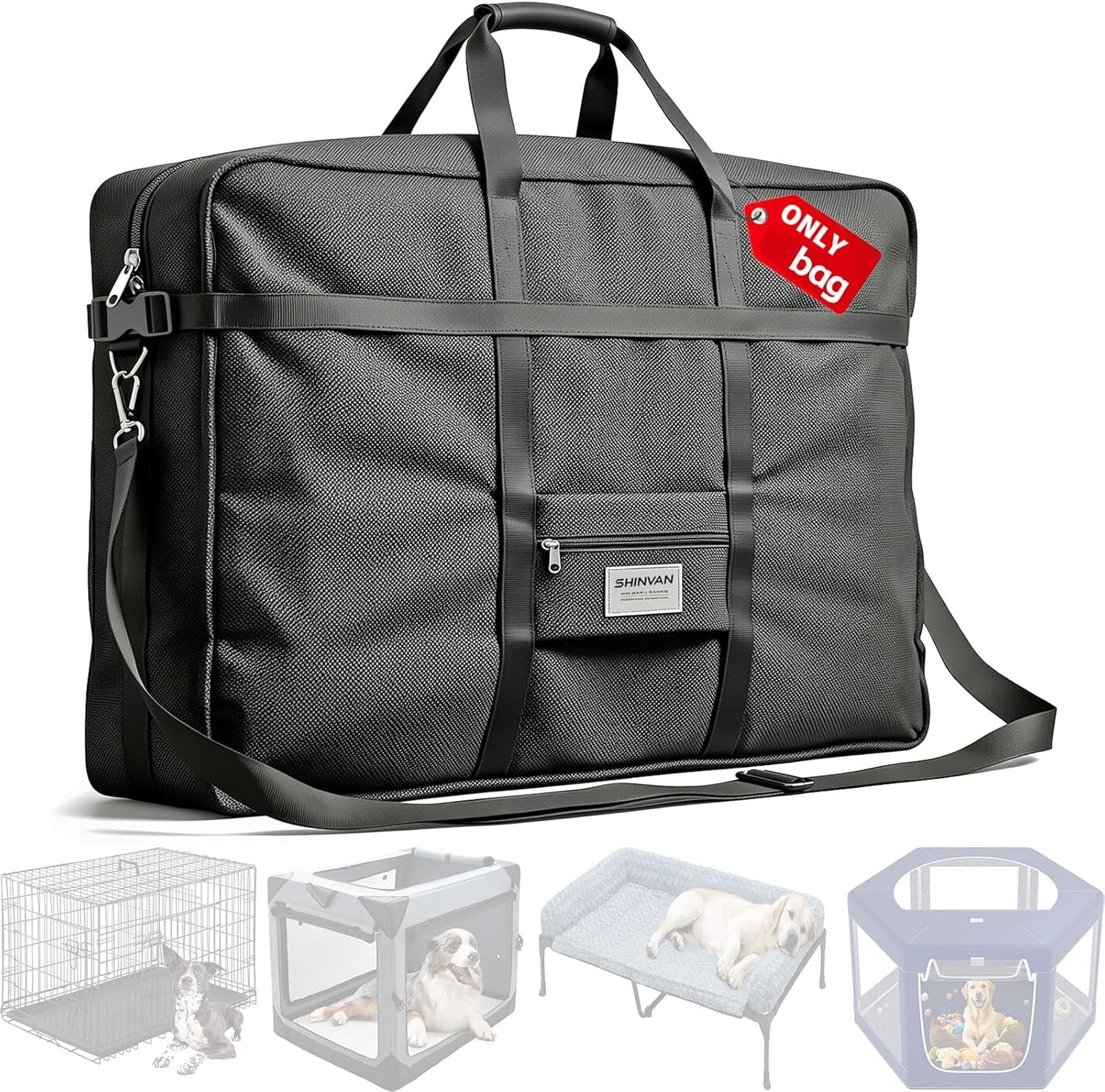 Shinvan heavy duty dog crate storage bag front view showing front pocket and reinforced handles.