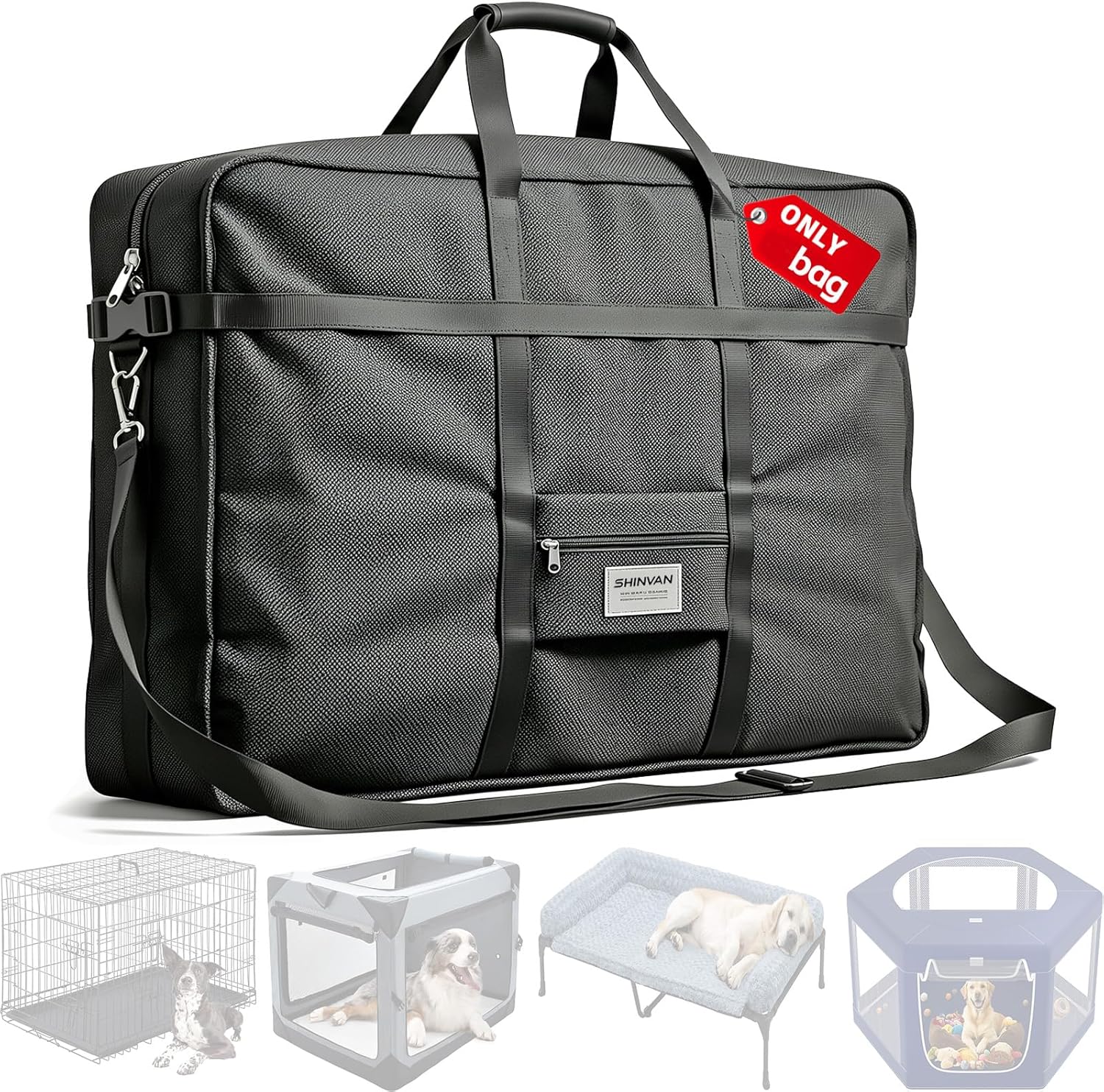 Shinvan heavy duty dog crate storage bag front view showing front pocket and reinforced handles.