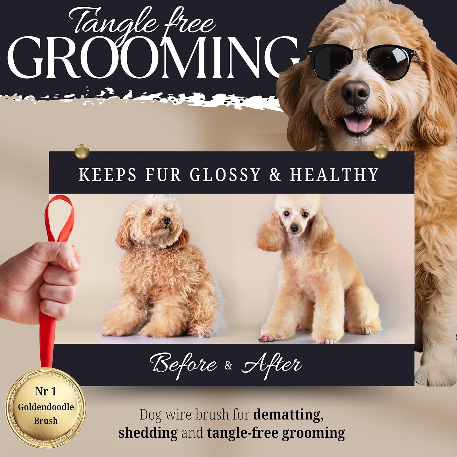 Red and black rubber grip handle on large dog brush for curly coats.