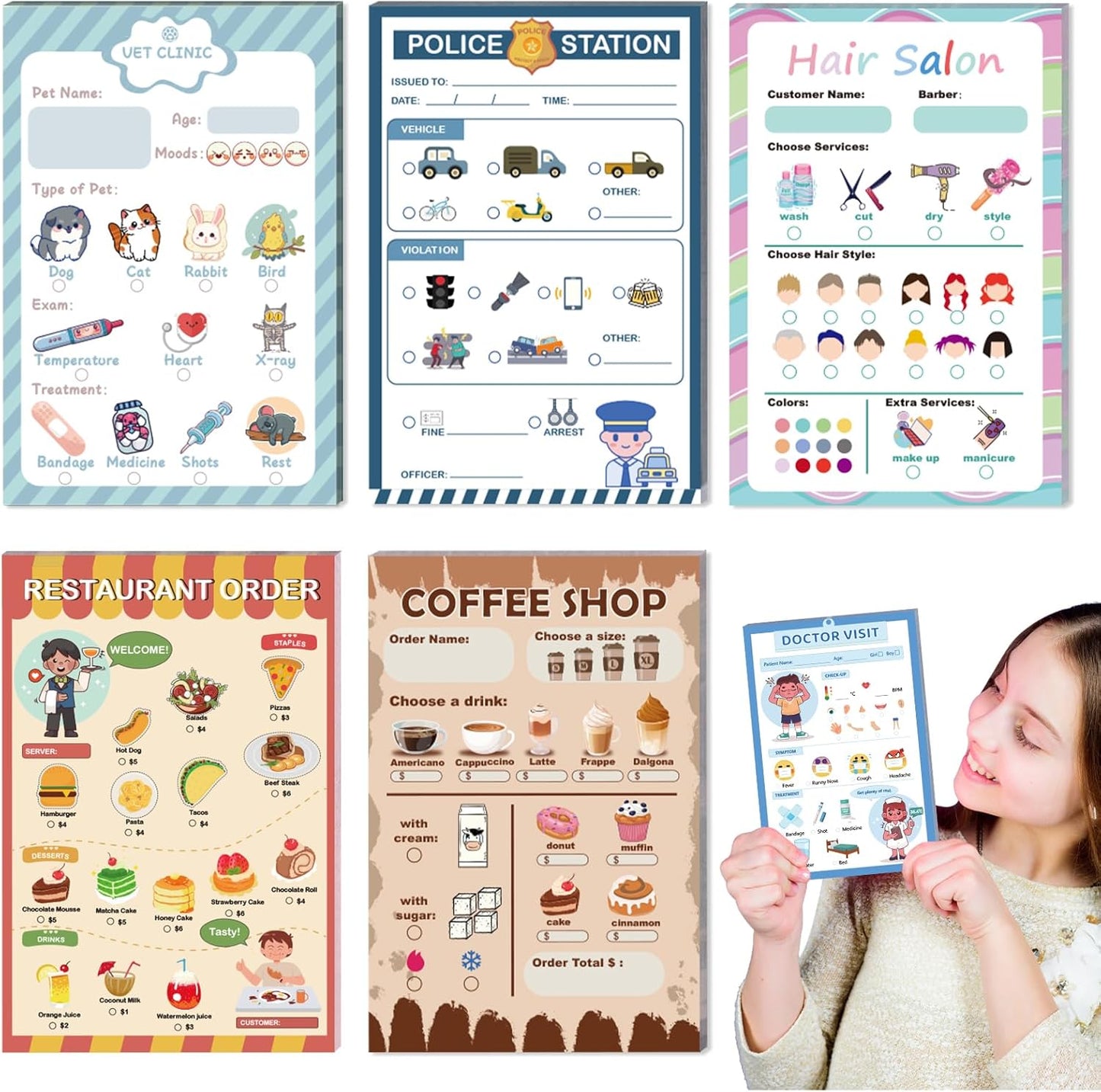 Shiqikejipty kids pretend play notepads 6 piece set front view