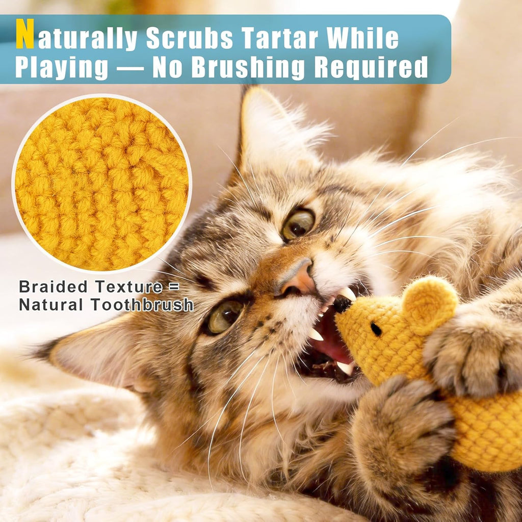 Three pieces of colorful hand-knitted mouse toys for indoor kitten play