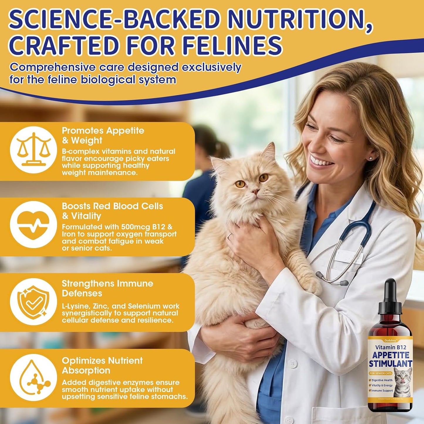 Duduboy premium cat weight gain syrup packaging showing key ingredients including L-Lysine and Taurine.