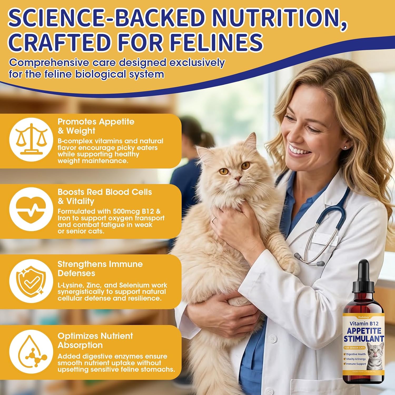 Duduboy premium cat weight gain syrup packaging showing key ingredients including L-Lysine and Taurine.