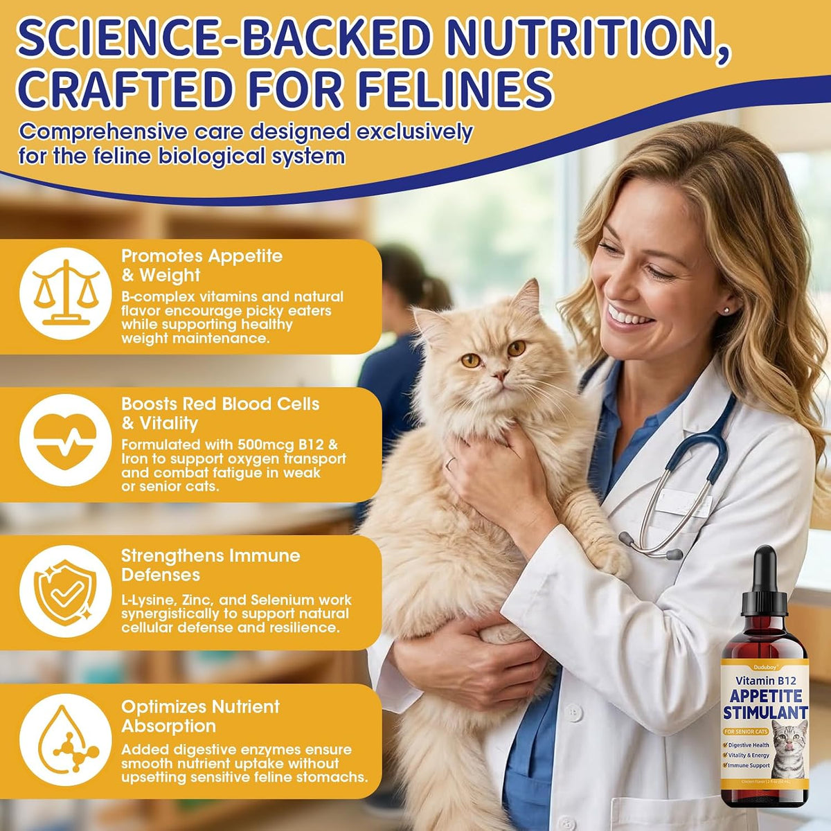 Duduboy premium cat weight gain syrup packaging showing key ingredients including L-Lysine and Taurine.