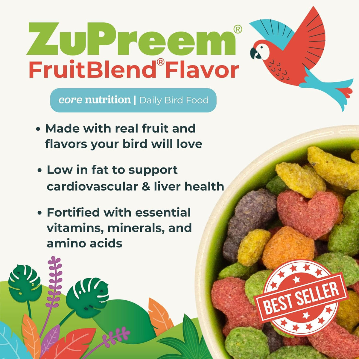 Close up of colorful fruit-shaped ZuPreem bird pellets
