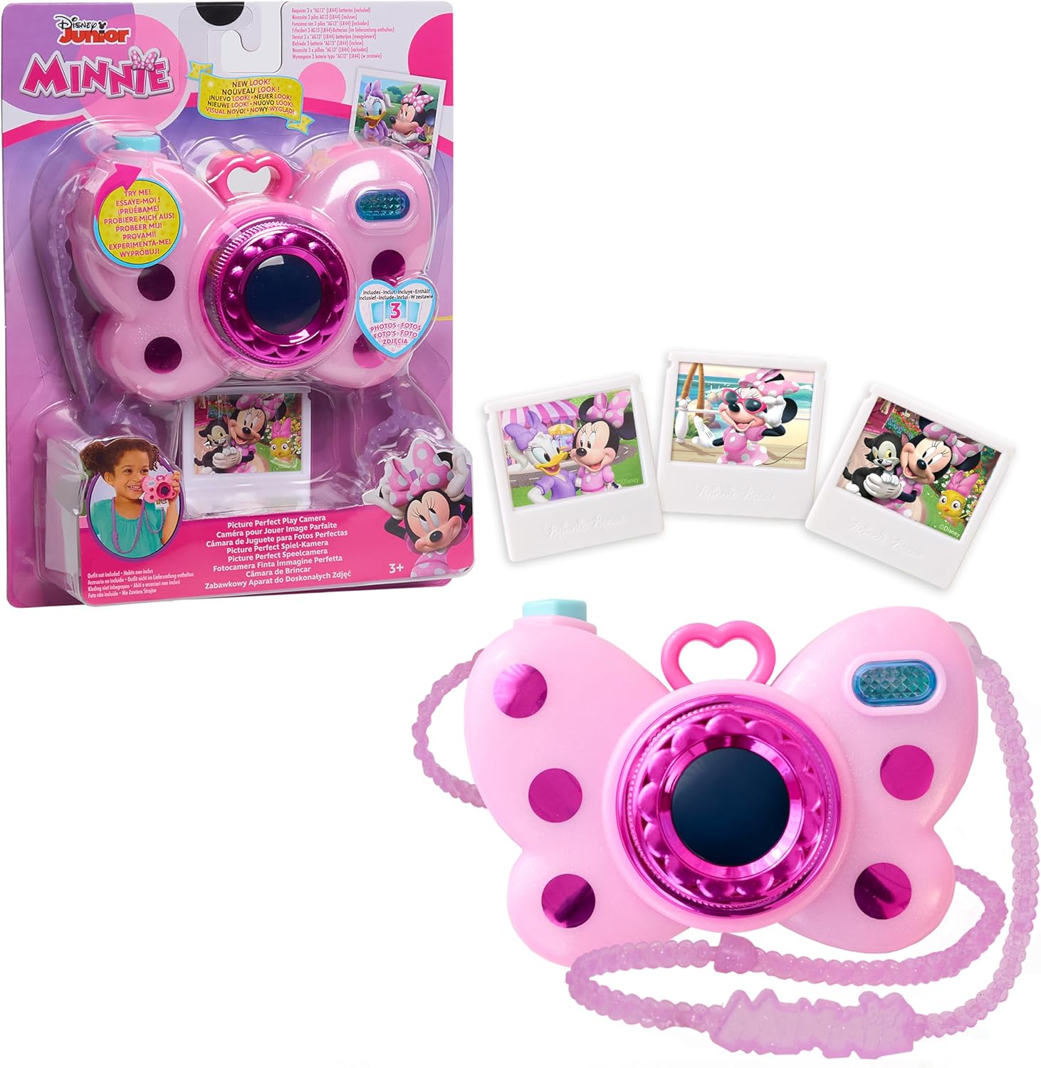 Minnie Mouse Picture Perfect Play Camera front view showing pink bow design and shutter button.