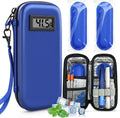 DIGOAKO insulin cooler travel case front view showing blue hard shell design and digital temperature display screen