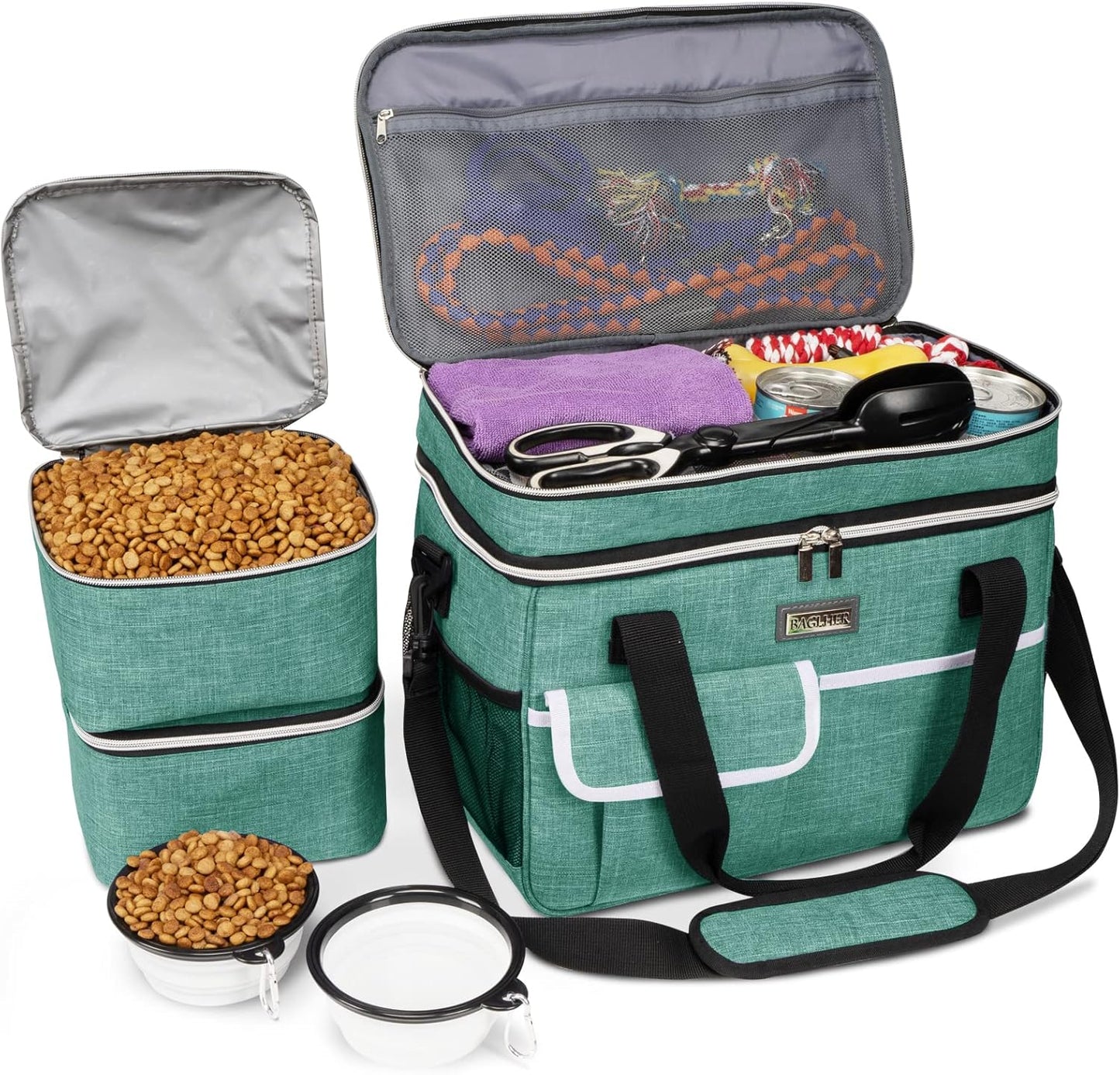 BAGLHER double layer pet travel bag front view green color organizer set for dogs