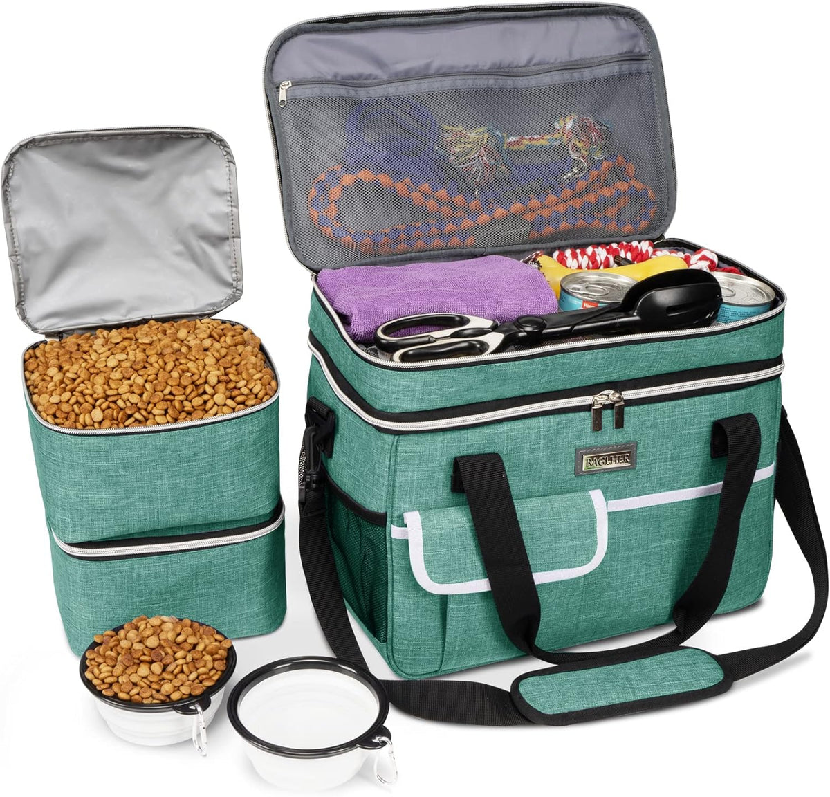 BAGLHER double layer pet travel bag front view green color organizer set for dogs