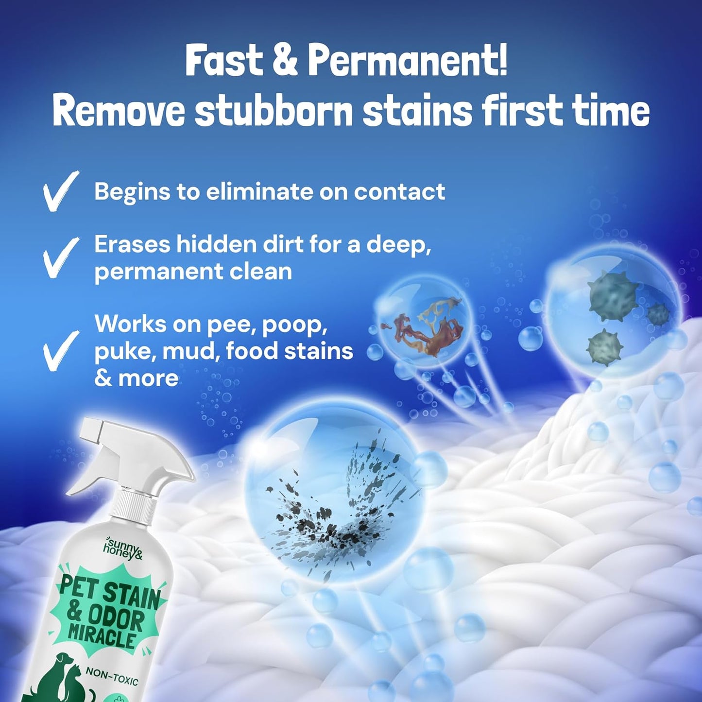 Sunny & Honey pet stain and odor miracle 32 fluid ounce packaging showing ingredients