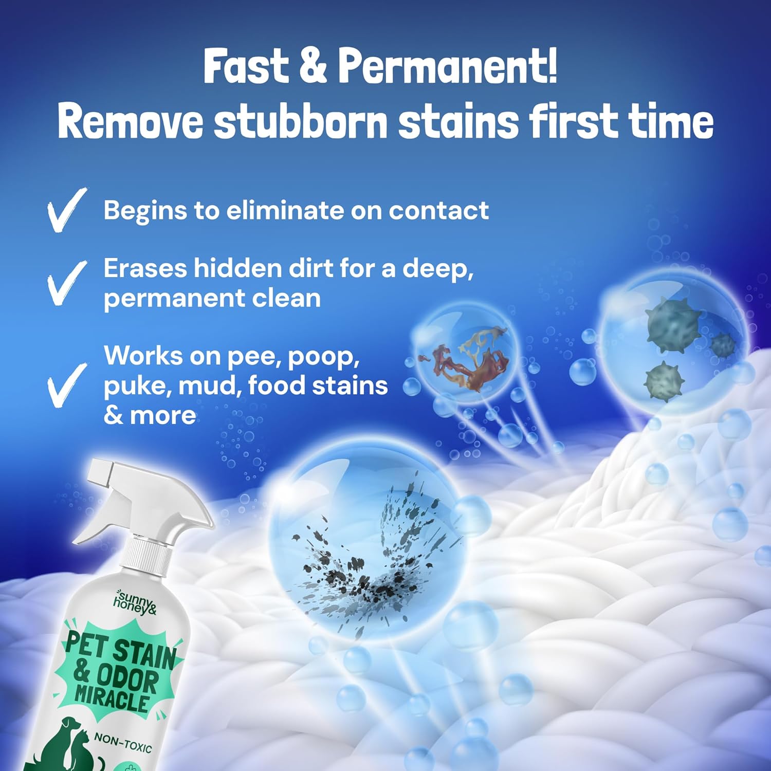 Sunny & Honey pet stain and odor miracle 32 fluid ounce packaging showing ingredients