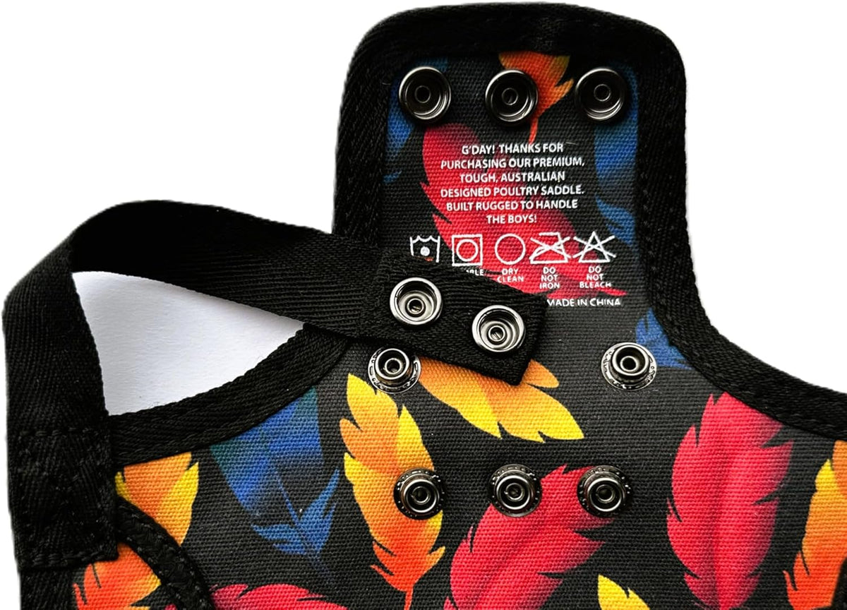Rear view showing full back coverage of the chicken saddle