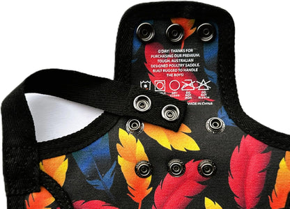 Durable poultry saver chicken saddle with integrated shoulder cover protection.