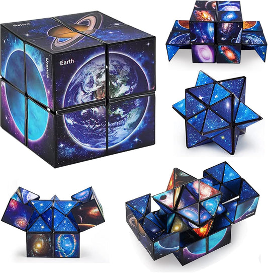Luaxkpi infinity star cube fidget toy front view showing galaxy planet design.