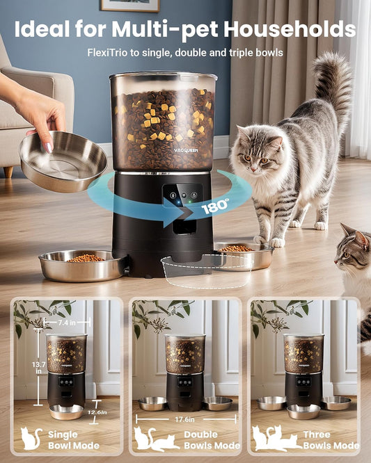 Vacqueen automatic pet feeder with three stainless steel bowls and black finish