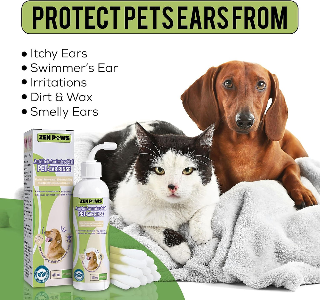 Zenpaws pet ear rinse showing alcohol-free veterinary formula