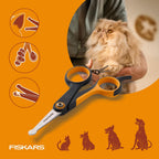 Ergonomic Fiskars cat and dog grooming shears with comfortable rubber inserts