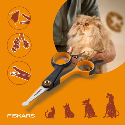 Ergonomic Fiskars cat and dog grooming shears with comfortable rubber inserts