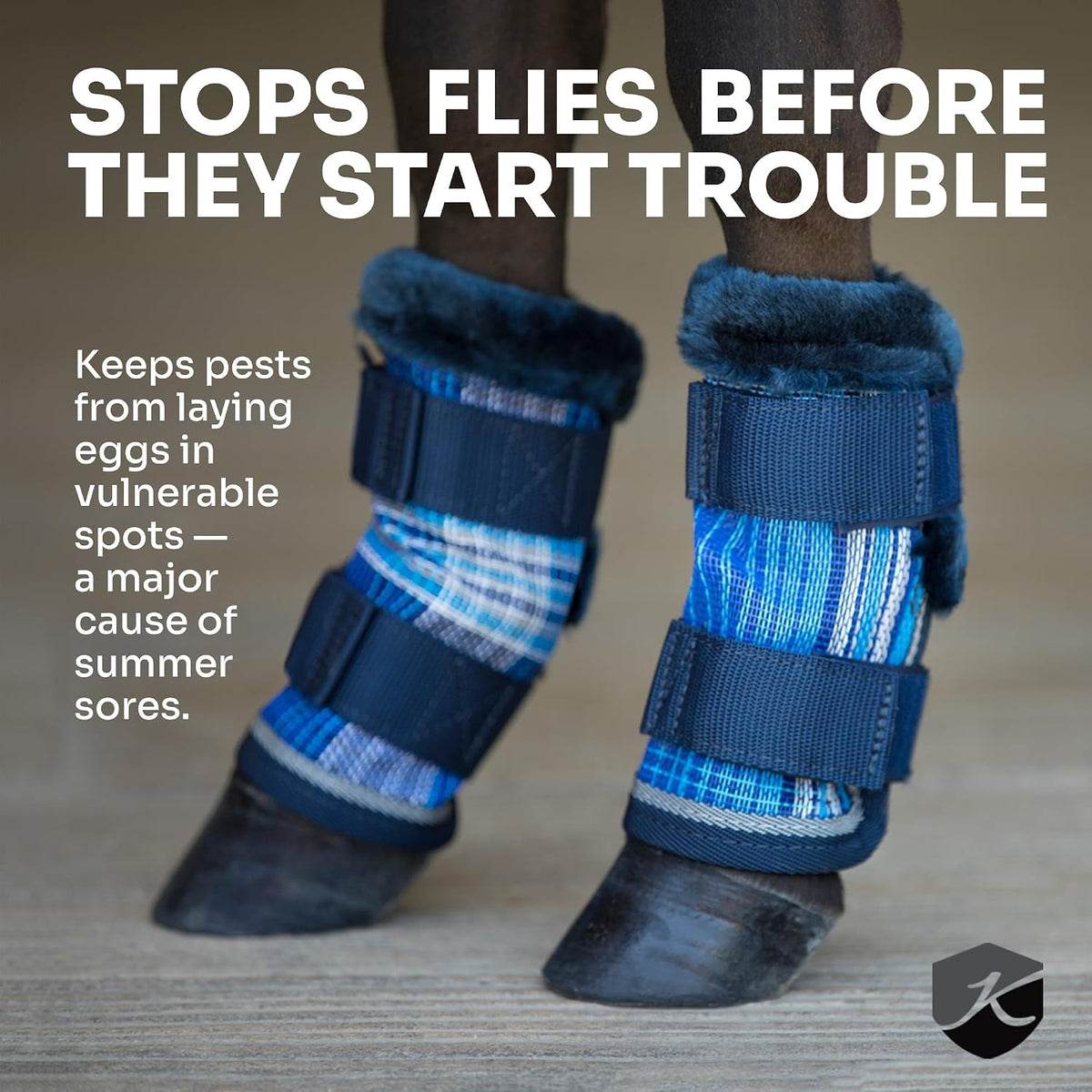 Protective equine fly boots with plush comfort fleece lining against chafing