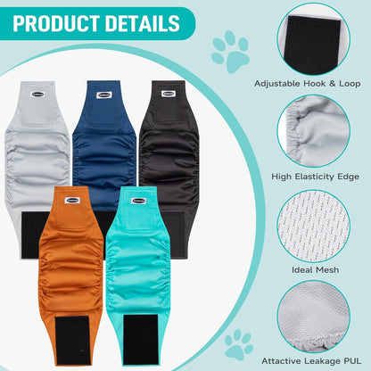 Five pieces of colorful washable male dog wraps stacked together
