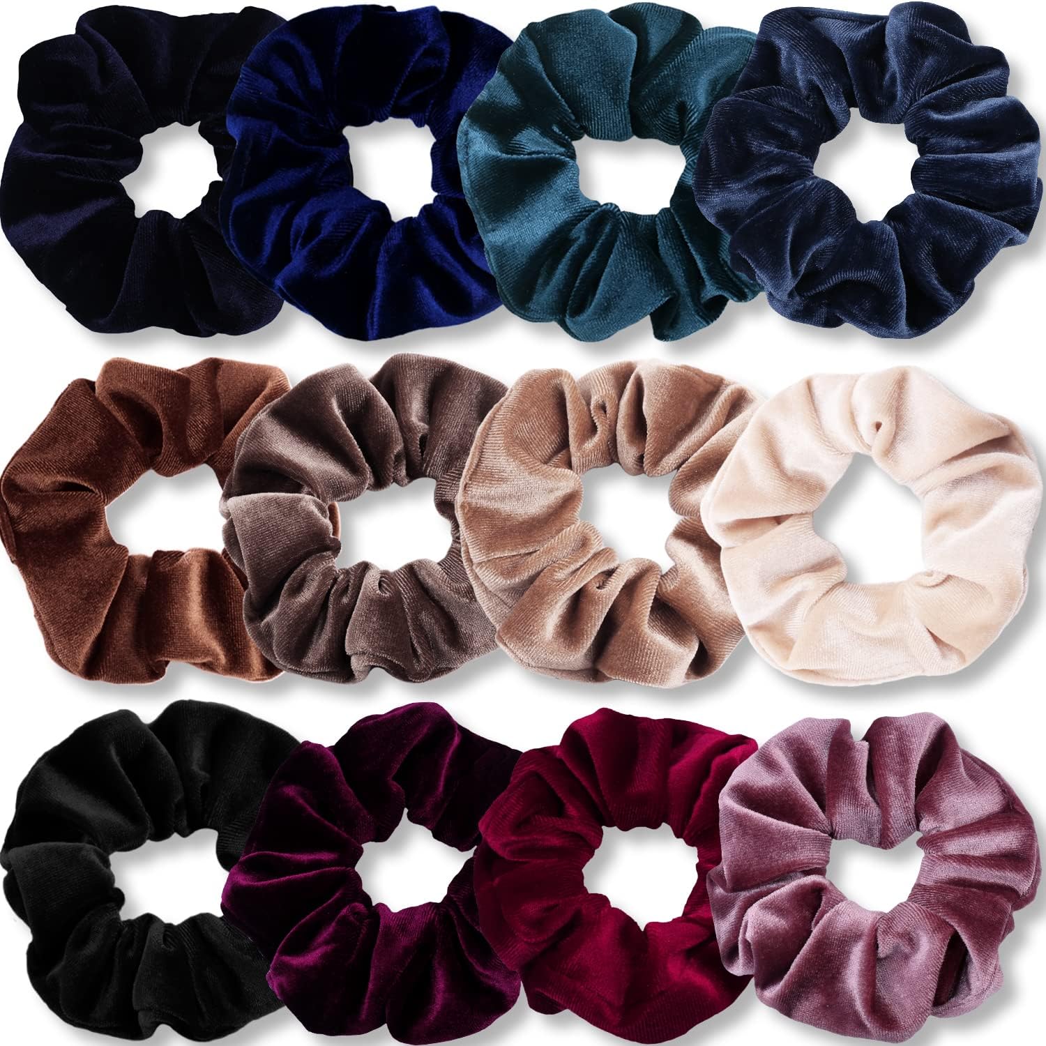 IVARYSS Velvet Hair Scrunchies pack front view displaying twelve dark colored hair accessories.