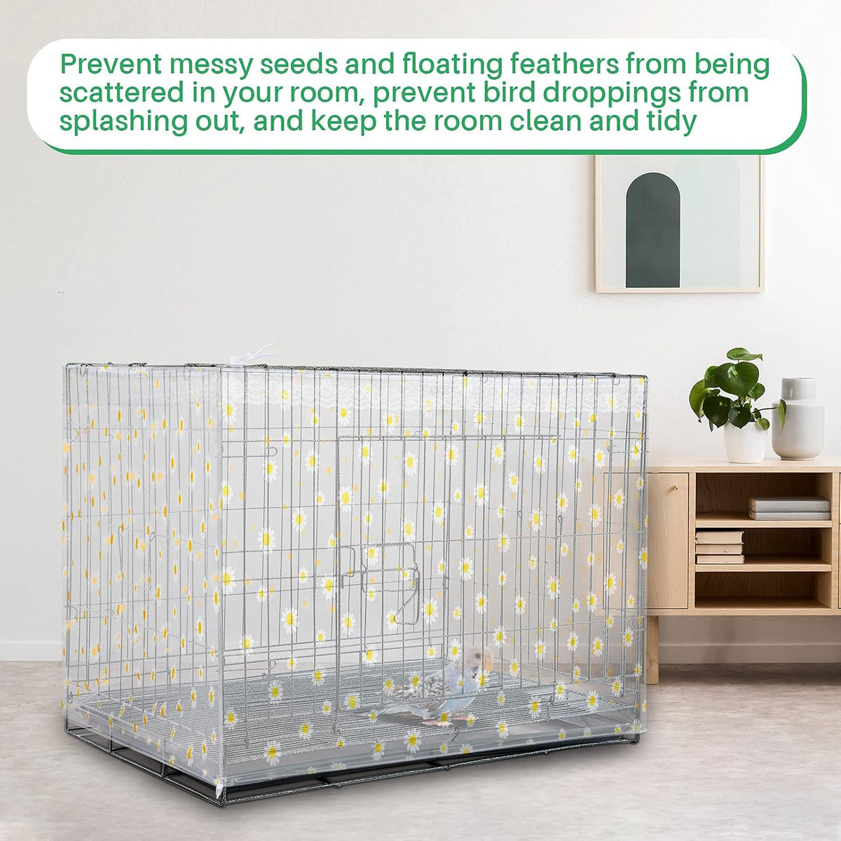 Elastic adjustment demonstration for Shappy bird cage seed guard.