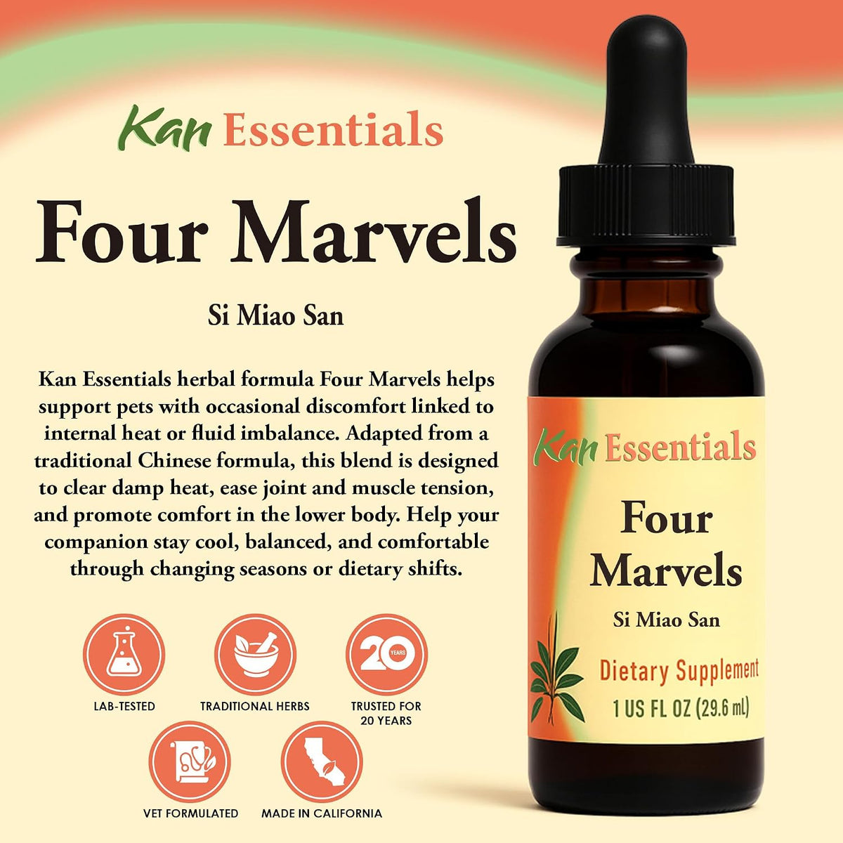 Kan Herb Four Marvels amber glass bottle and dropper cap