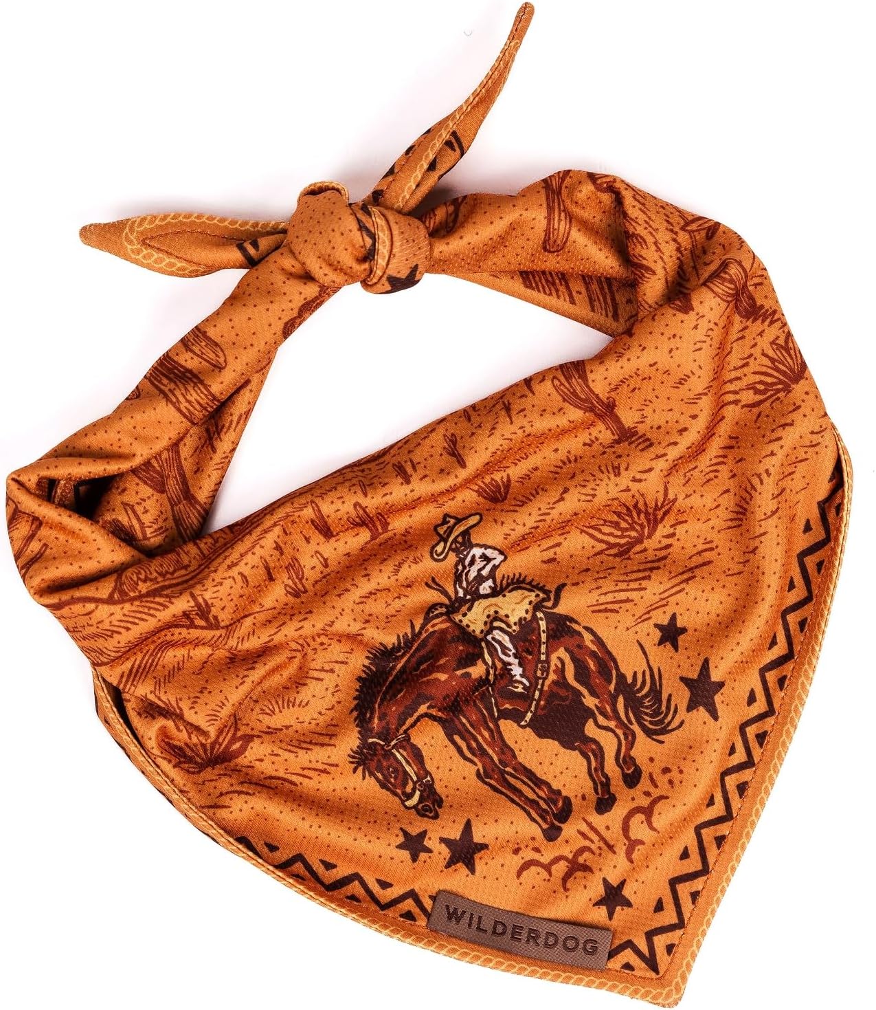 Wilderdog dog bandana front view in cowpoke brown pattern