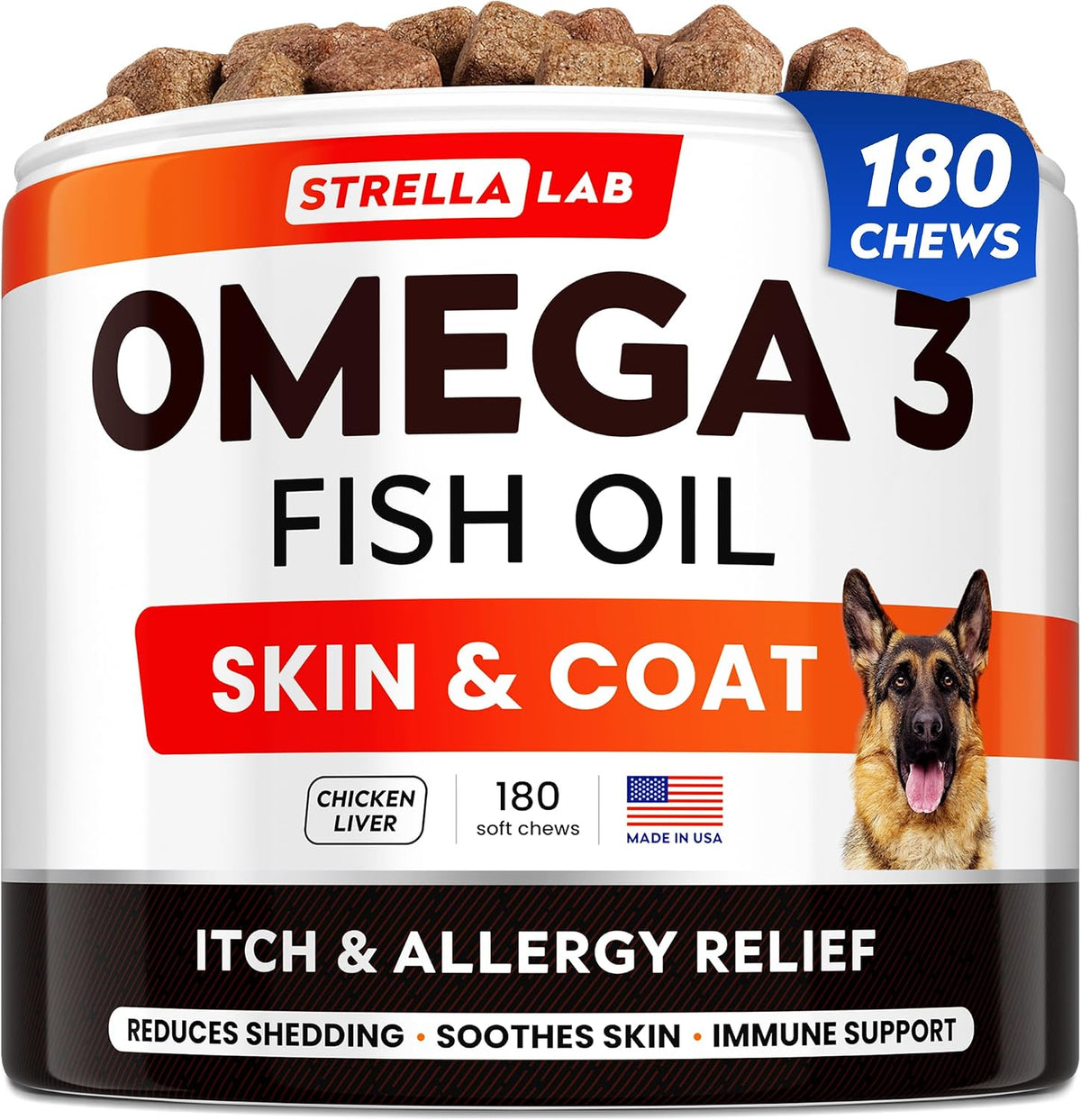 StrellaLab Fish Oil Omega 3 Treats for Dogs 180 count front packaging for dog allergy relief.