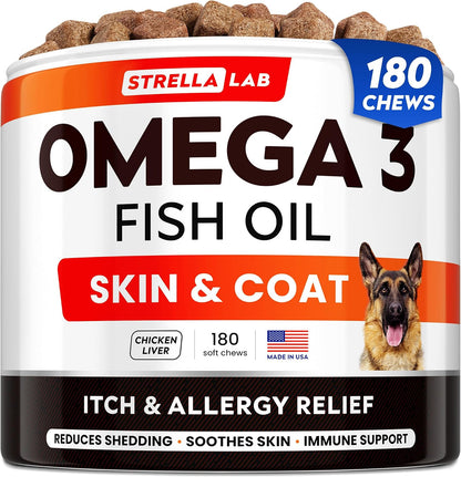 StrellaLab Fish Oil Omega 3 Treats for Dogs 180 count front packaging for dog allergy relief.