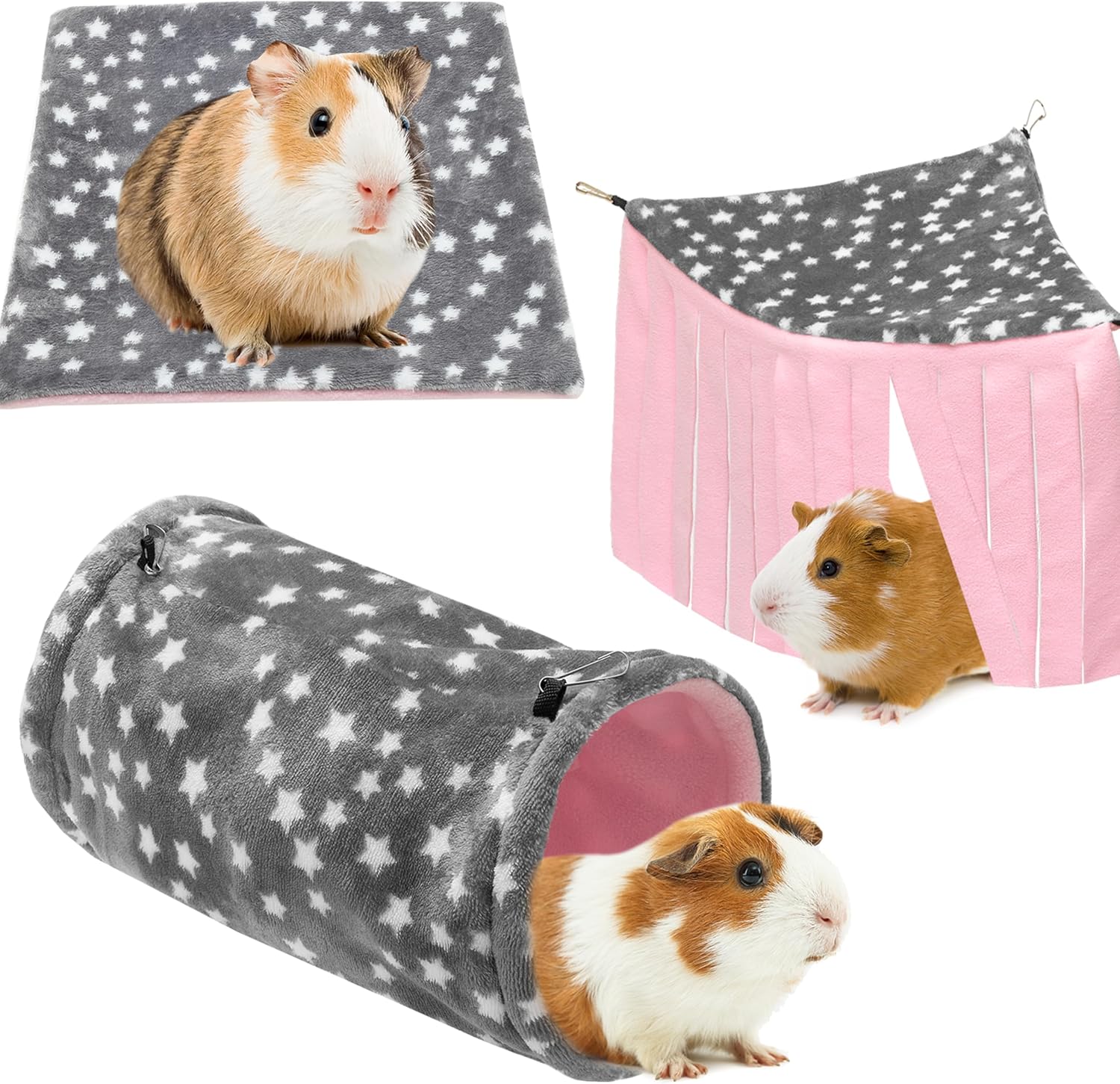 Guinea Pig Hideout, 3 Pack Soft Fleece Small Animal Tunnel Tube & Mat & Corner Hideout Cage Accessories for Guinea Pigs, Rabbit, Ferret, Chinchilla, Hedgehogs - Image 1