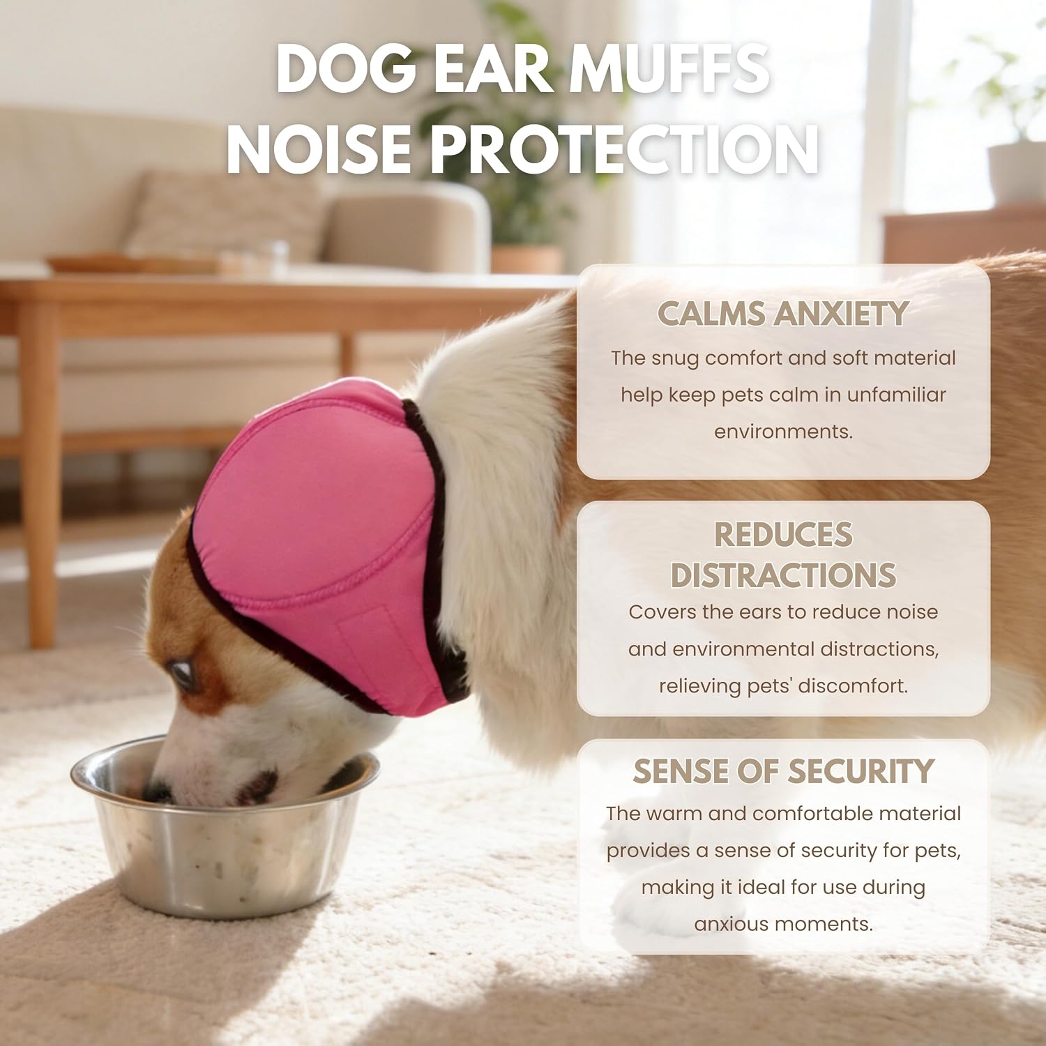 Pet anxiety relief snood being adjusted around a dog head for noise cancellation.