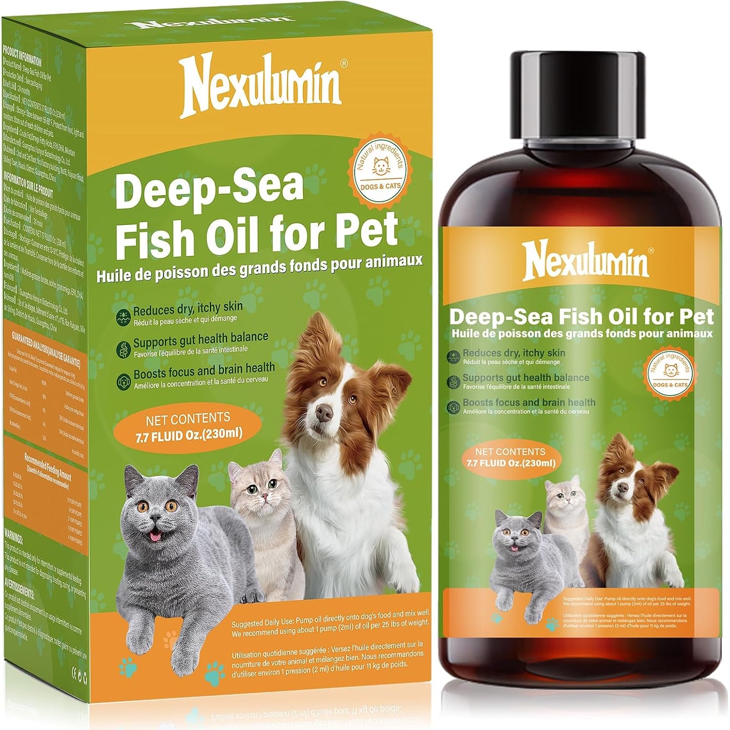 Nexulumin Salmon Oil for dogs and cats front view bottle showcasing the pump dispenser