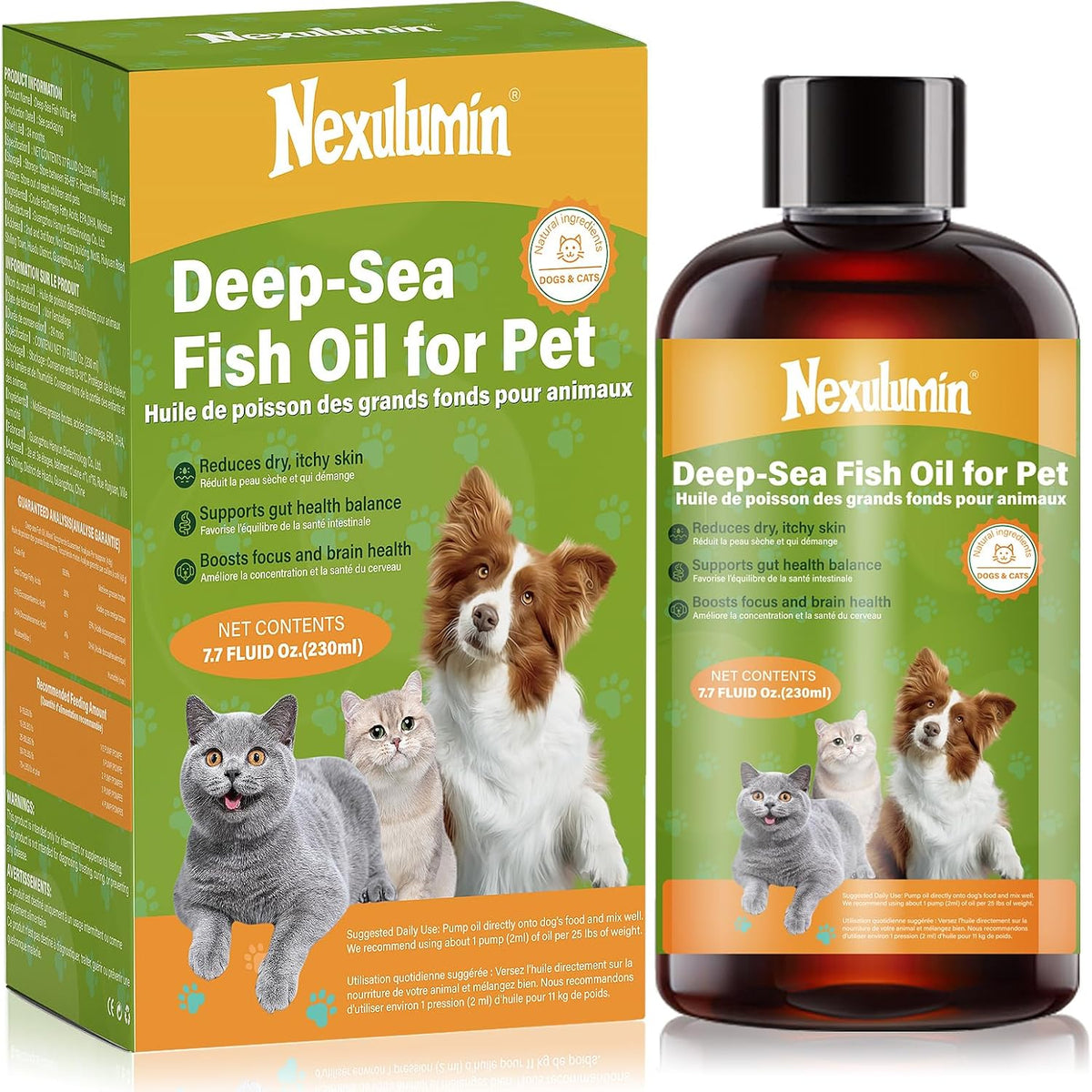 Nexulumin Salmon Oil for dogs and cats front view bottle showcasing the pump dispenser