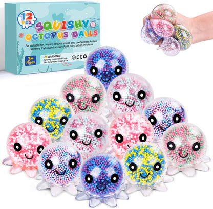 VESPRO Cute Octopus Fidget Stress Balls front view showing twelve colorful squishy toys