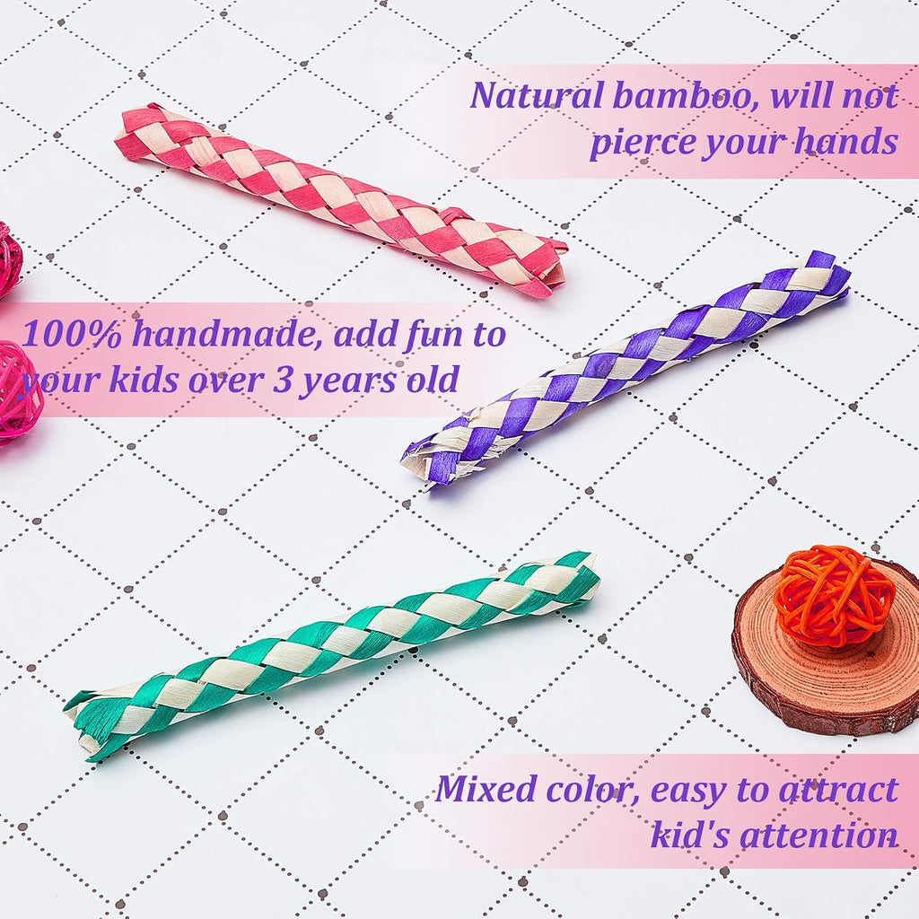 Child playing with colorful bamboo finger traps as a novelty puzzle