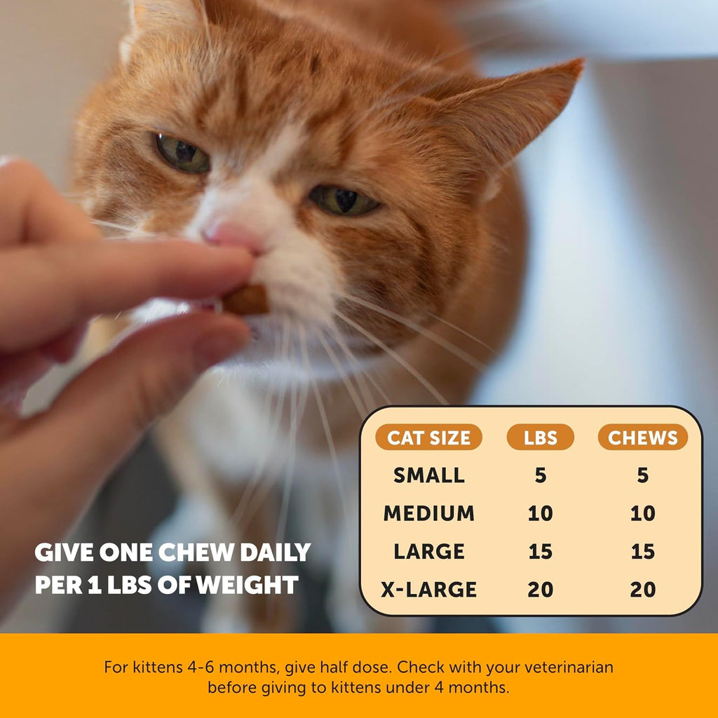 Close up of dual texture chicken chews for cat seasonal allergy and itchy skin support.