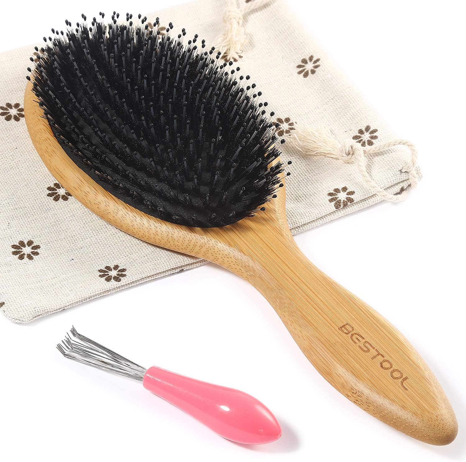 BESTOOL Boar Bristle Hair Brush front view showing the round bamboo paddle design and dual action bristle mix.