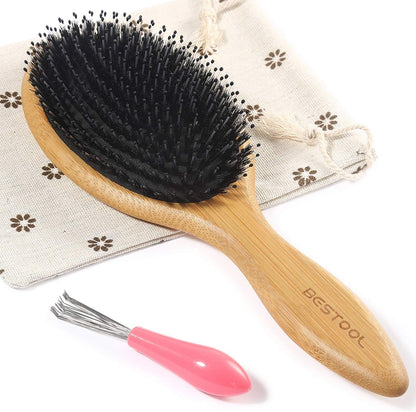 BESTOOL Boar Bristle Hair Brush front view showing the round bamboo paddle design and dual action bristle mix.