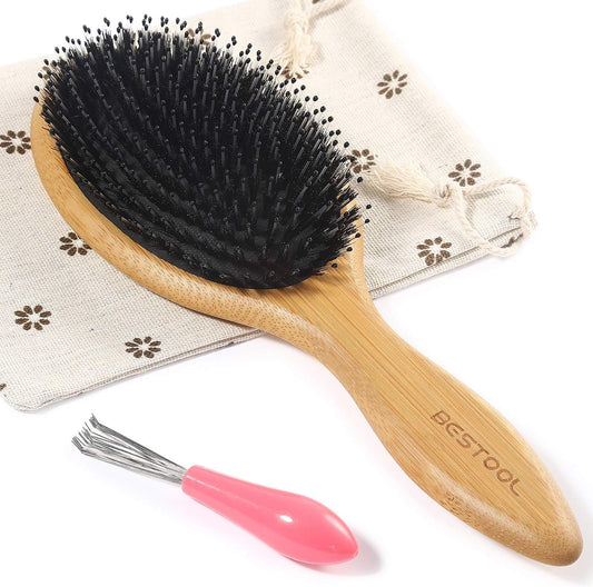 BESTOOL Boar Bristle Hair Brush front view showing the round bamboo paddle design and dual action bristle mix.