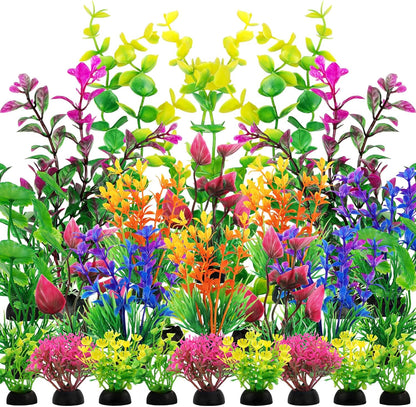 QUOZUO 25-piece aquarium artificial plants front view setup in a colorful fish tank