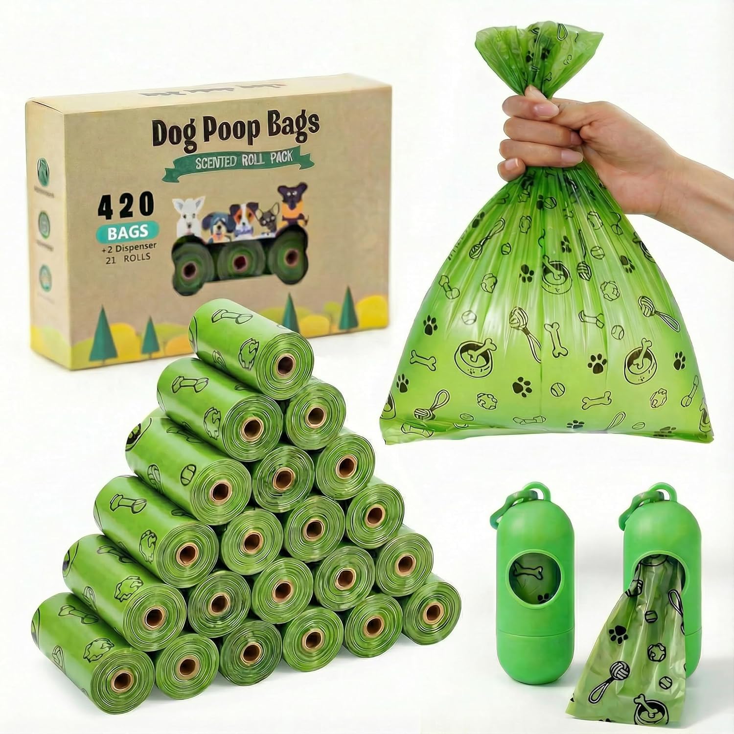 TVOOD dog poop bags front view showing the green packaging and refill rolls.