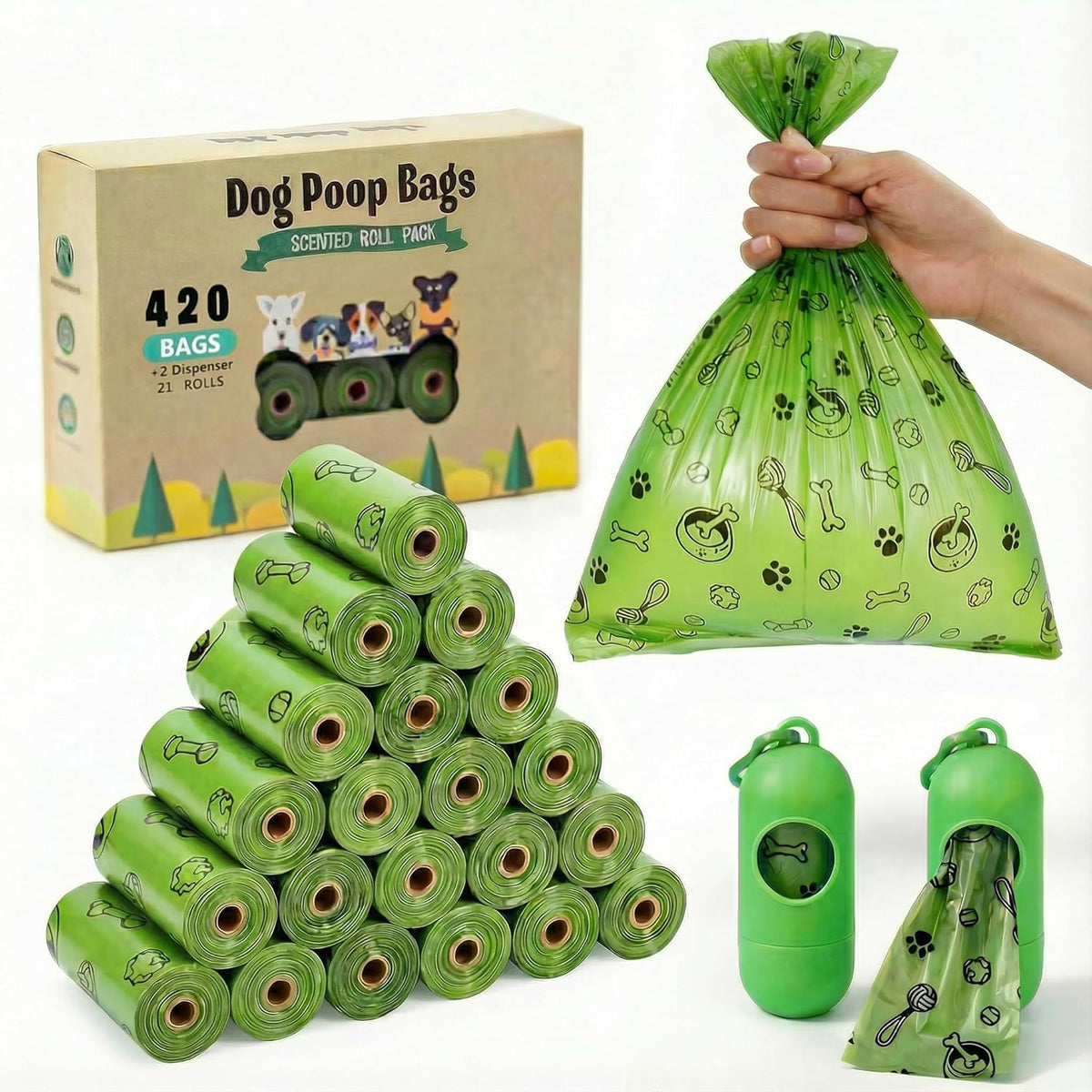 TVOOD dog poop bags front view showing the green packaging and refill rolls.