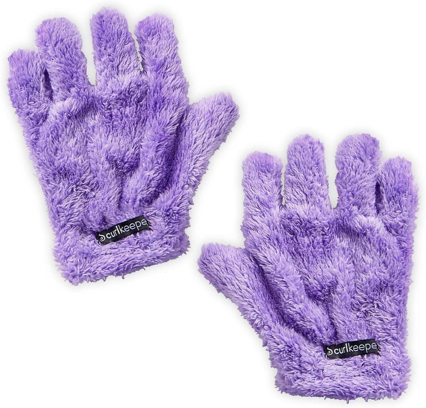 Curl Keeper Quick Dry Styling Gloves front view showing the purple microfiber mitten material for curly hair care.