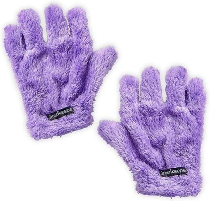Curl Keeper Quick Dry Styling Gloves front view showing the purple microfiber mitten material for curly hair care.